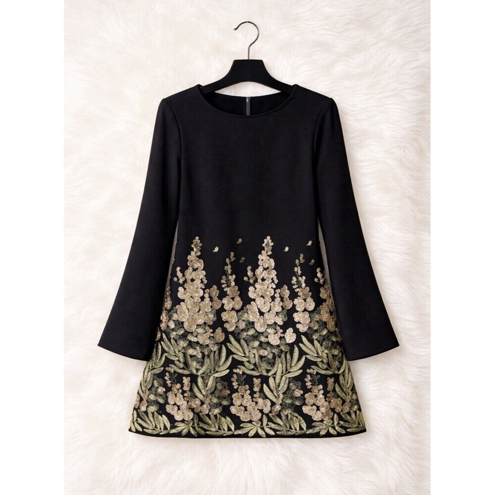 Zara Women Black Embroidered Shift Dress Gold Sequin Bell Sleeve Keyhole Back M